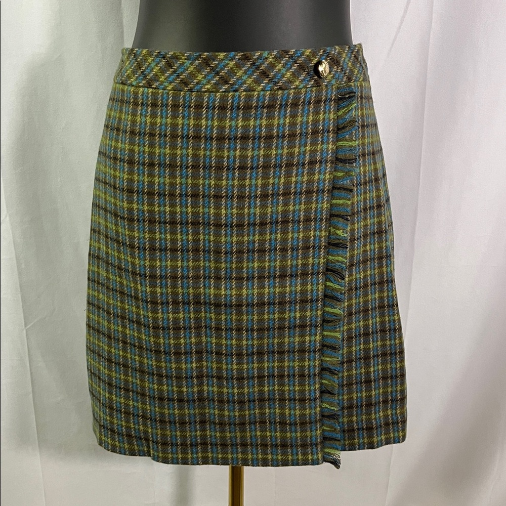 Talbots Green & Blue Plaid Wool Blend Faux Wrap A-Line Skirt